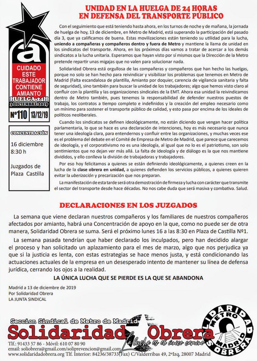ObreraMetro's tweet photo. El seguimiento de la Huelga? Bien gracias!
Los servicios mínimos nos quitan nuestro DERECHO A HUELGA.
#HuelgaMetro #HuelgaEMT
Y a las 18h en Plaza España #ManiMetroEMT
#TPonStrike #climatestrike
#MetroEnLucha
#LaEMTenLucha
#COP25Madrid
https://t.co/CLDsoqrwtK https://t.co/wfMNidJHbd