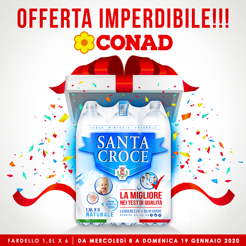 SantaCroceAcqua's tweet photo. 📣 Dall'8 al 19 Gennaio 2020 📣 vi aspetta un'IMPERDIBILE OFFERTA ACQUA SANTA CROCE (Fardello 1,5Lx6) presso i supermercati CONAD

Non farti scappare questa occasione d'oro!!!

#acquasantacroce #SuperOfferta #Conad https://t.co/TXVMoRmE52