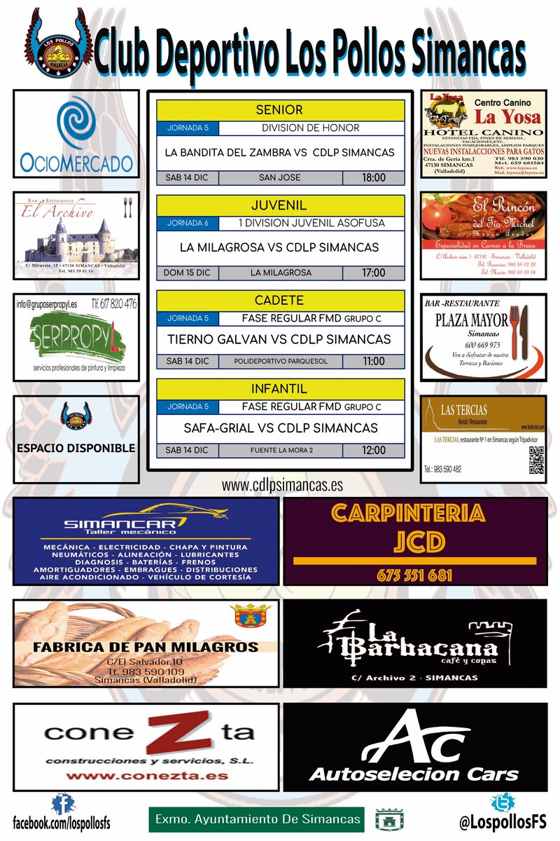 LospollosFS's tweet photo. 📅HORARIOS 14-15 DIC

👱INFANTIL 
https://t.co/QbL9IkN6Cm

🧒CADETE 
https://t.co/ok4DihiecA

👨JUVENIL
https://t.co/8RVwL0i16D 

👴SENIOR 
https://t.co/gJ4fpeCszd https://t.co/J1yXPrL8lU