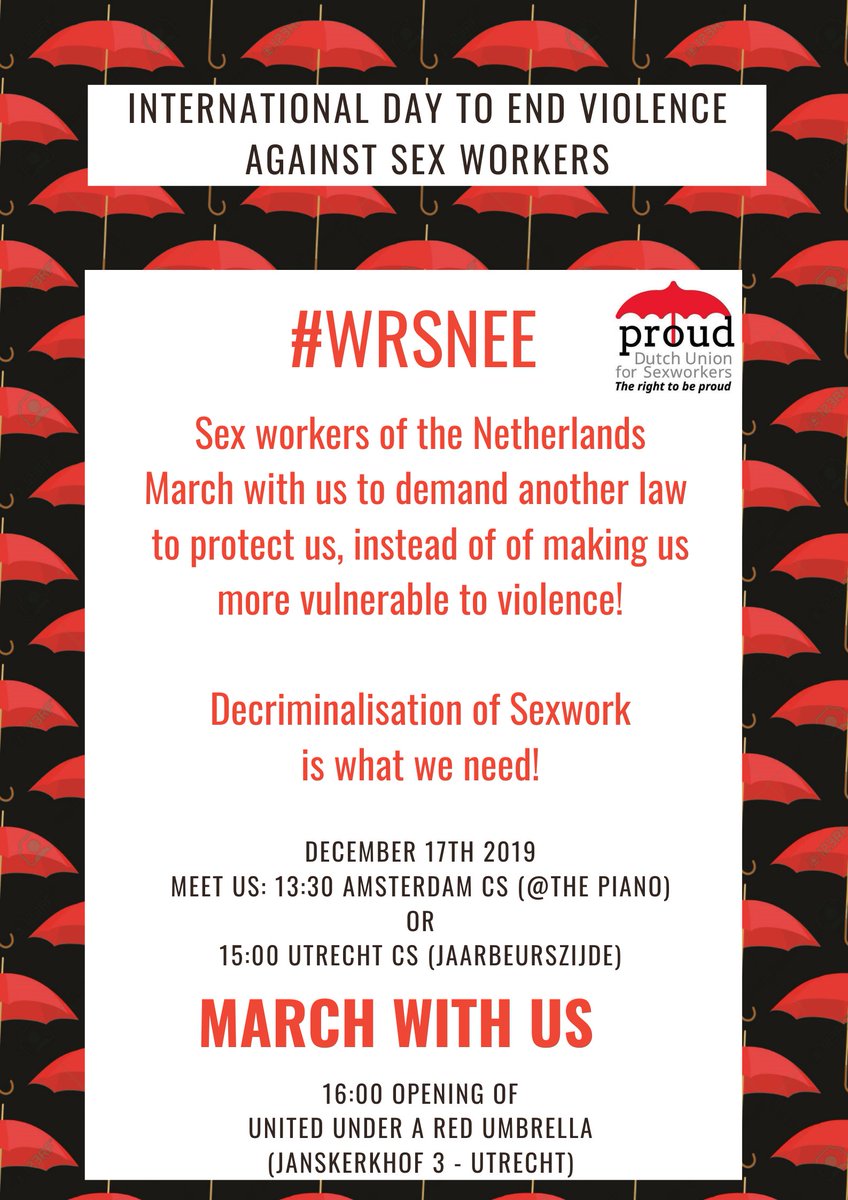 PROUDnl's tweet image. #IDTOEVASW
17 december is het International Day To End Violence Against Sexworkers. We lopen een protest om hiervoor aandacht te vragen. 

#Utrecht

Voor meer informatie: wijzijnproud.nl/2019/12/11/int…