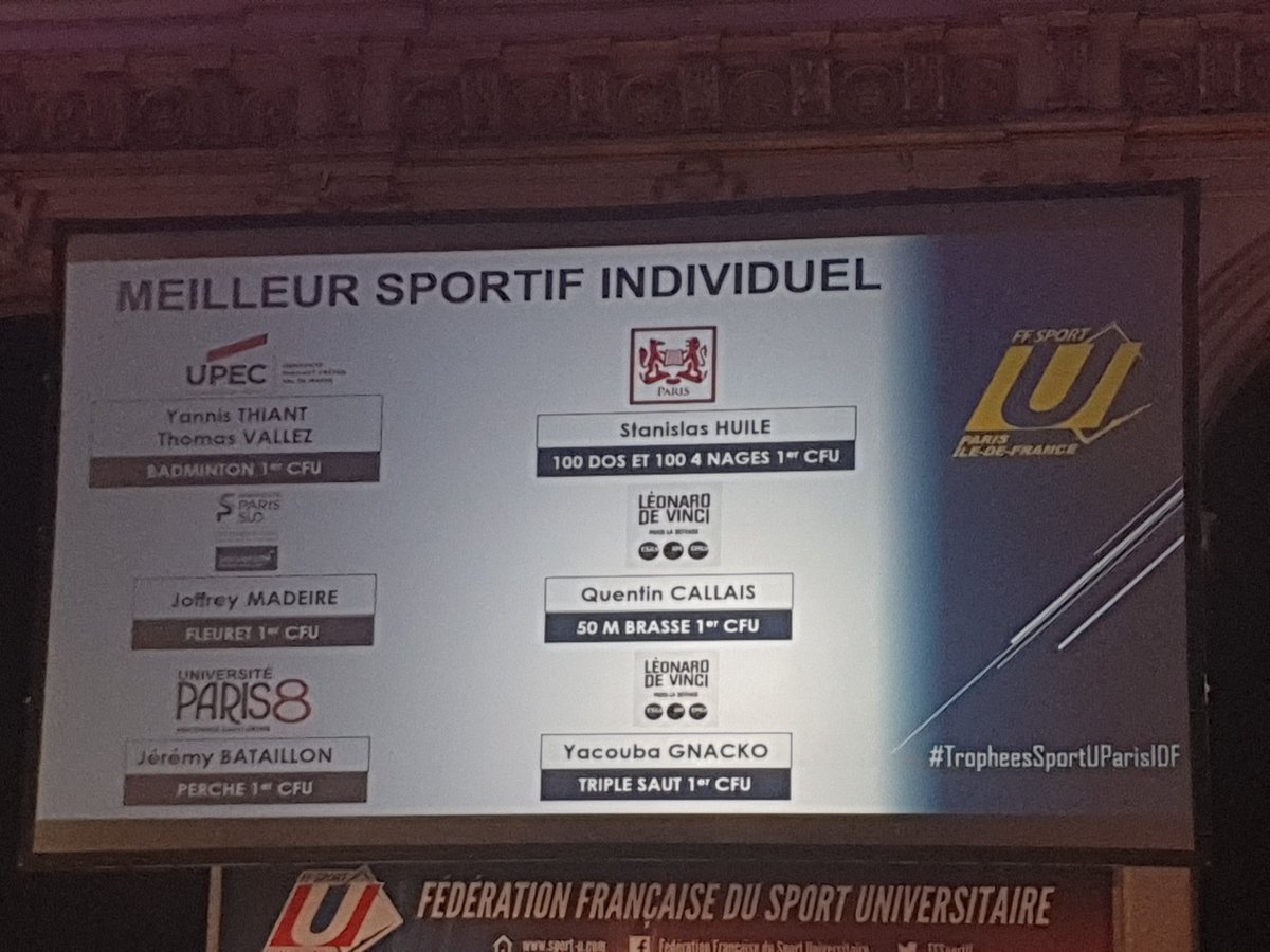 CelineGraet's tweet photo. Deux étudiants étaient nominés comme meilleur sportif individuel ce soir pour Leonard de vinci à la Ceremonie des trophées FFSU
@poledevinci #TropheesSportUParisIDF https://t.co/cgPM2OY0ZA