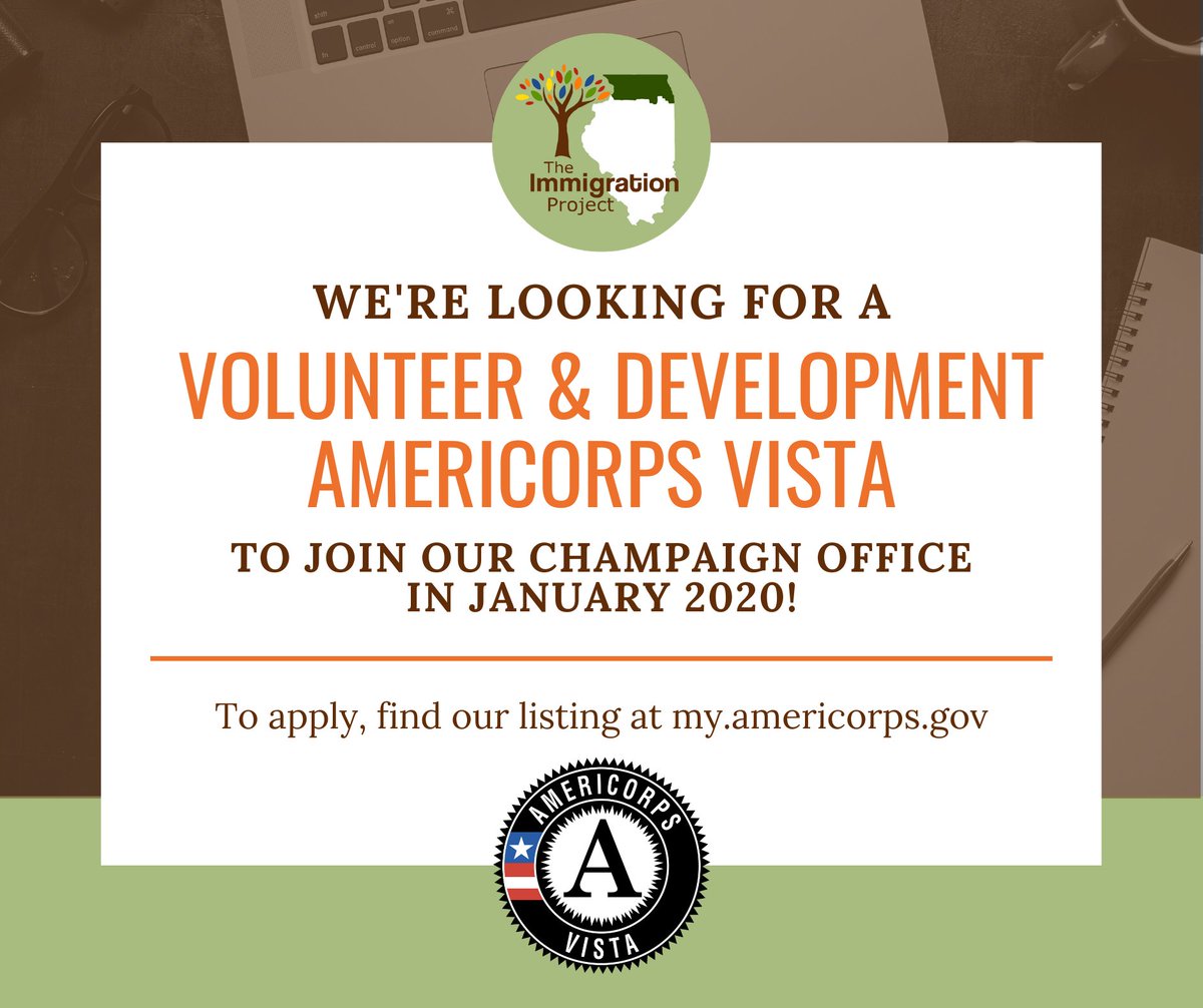 Would you like to work at the Immigration Project in 2020? 

We have a job opening in January! We’re looking for a Development &amp; Volunteer Coordinator AmeriCorps VISTA to join our Champaign office. You can find more details and apply at my.americorps.gov/mp/listing/vie…