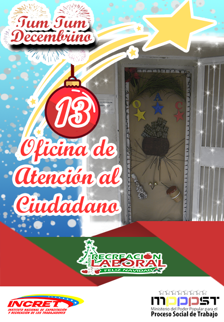 RecreLaboral's tweet photo. Llegó la Navidad!! Y así se animaron los trabajadores/as a decorar sus puertas, motivados a ganar el Concurso Tum Tum Decembrino.
⬇
Puerta N°13 Oficina de Atención al Ciudadano. Siguenos y Dale Like ❤ 
@NicolasMaduro @EduardoPinateS @MPPPSTVe @IncretComunica #13Dic https://t.co/JYDfffVLiD