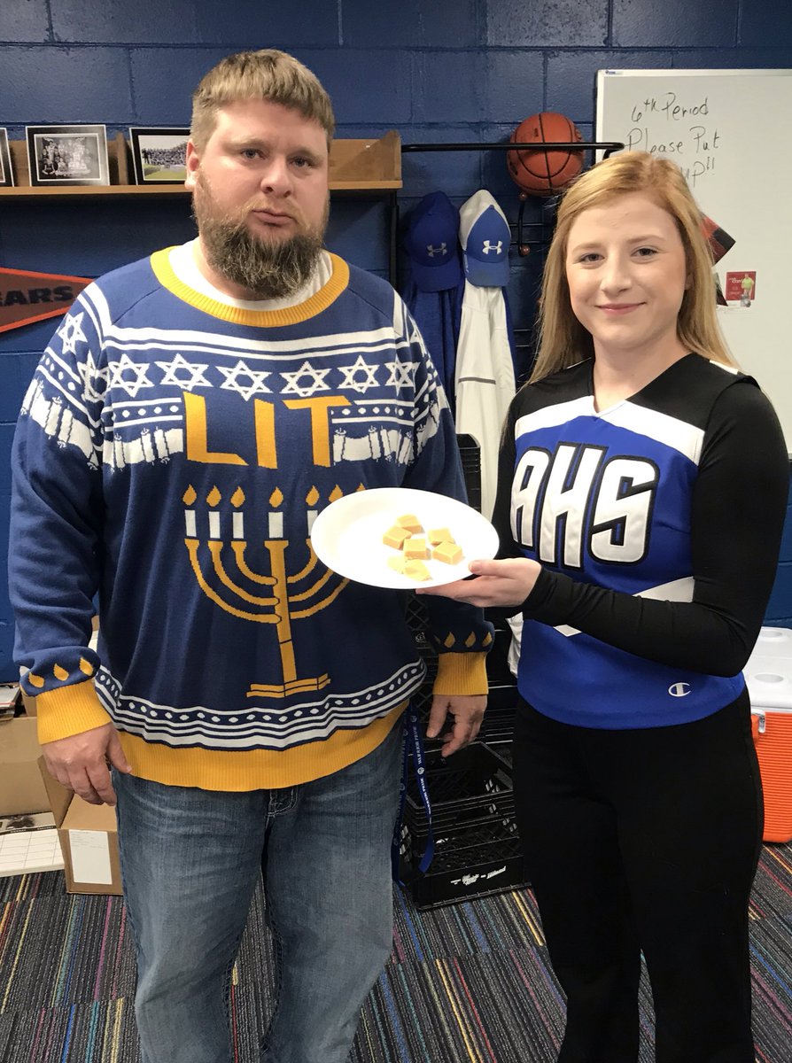 Day 9 of Sweatermas! @hannah06616734 earned her way into today’s pic by making me some peanut butter fudge! I’m sure <a href="/AdamSandler/">Adam Sandler</a> will appreciate this holiday sweater! Good Luck to Warrior athletes today! Wrestlers at SV. GBB &amp; BBB at McCook #TheyAreNotUgly
