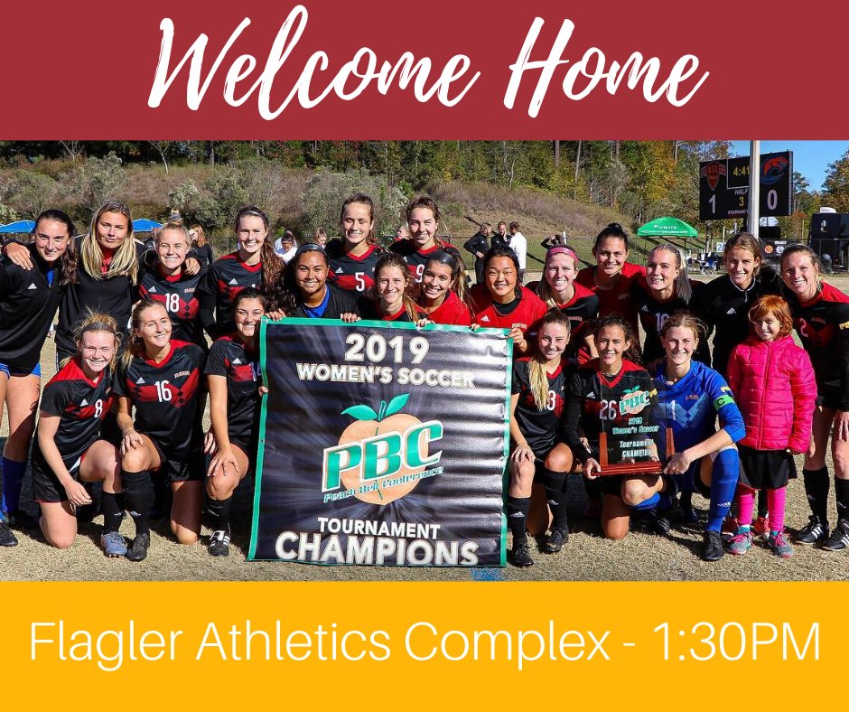 FlaglerCollege's tweet photo. Welcome home @flaglerwsoccer !
 
The women’s soccer team has had an amazing season. Come out to the Flagler College Athletic Complex to welcome them back to campus today after their Final Four appearance. They should arrive around 1:45pm. Go Saints! https://t.co/SWT26aMEVv