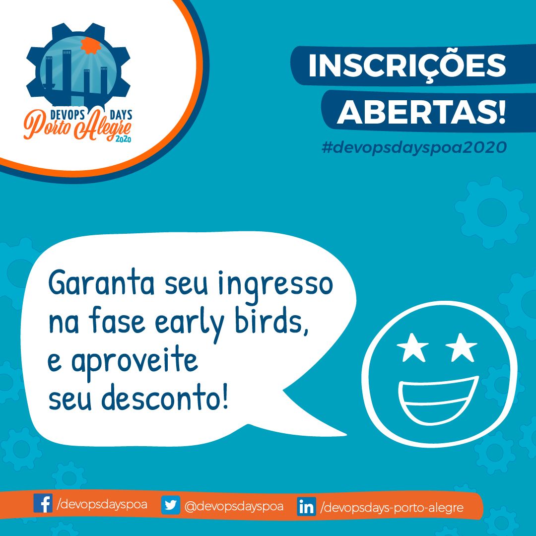 poadevopsday's tweet photo. Não perde tempo o #devopsdayspoa 2020 já está com as inscrições abertas, aproveita que o primeiro lote é super promocional hein!. As inscrições #earlybird vão até dia 15/01/2020, mas não deixa para a última hora, acessa: https://t.co/vyXDDvJAe8 #culturadevops #devops #devopsbr https://t.co/n6iZafJOI9