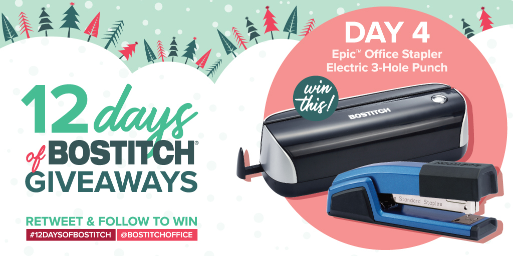BostitchOffice's tweet photo. 🎇 Day 4 of our 12 Days of Bostitch Giveaways is here! We're giving away an Epic Office Stapler and an Electric 3-Hole Punch! Check back for a new giveaway everyday until December 21st  🎇

Retweet and follow to win!  
#giveaway #sweepstakes #12daysofgiveaways https://t.co/RybZiAQUAw