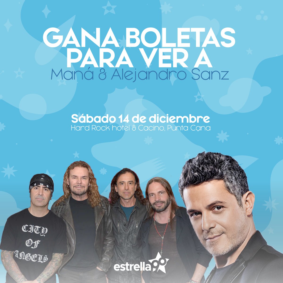 Estrella90FM's tweet photo. ¡Participa y ya! Ve corriendo a nuestra cuenta de instagram o a nuestro web site https://t.co/Z9GreKFEc9 y participa para ganar boletos e irte este sábado 14 de diciembre a disfrutar de este concierto estrella.
#Estrella90fm #Maná #AlejandroSanz #Conciento #CantoporPuntaCana https://t.co/yycxLsULr3