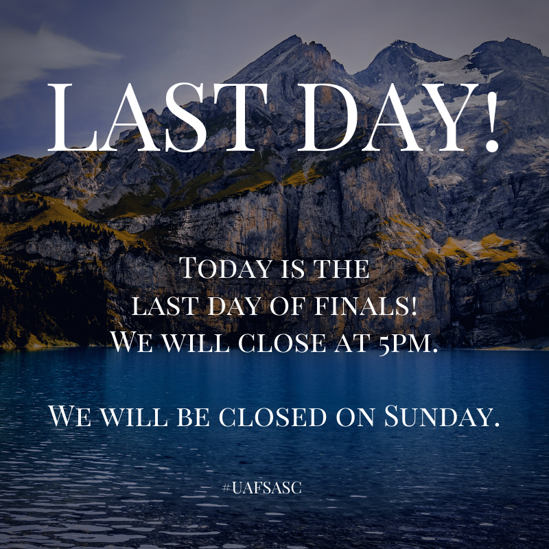 UAFS_ASC's tweet photo. Hurry in! Remember to bring your photo ID!
Please note that we close at 5pm today & will be closed Sunday.
#UAFSASC https://t.co/2Gvc2slocB