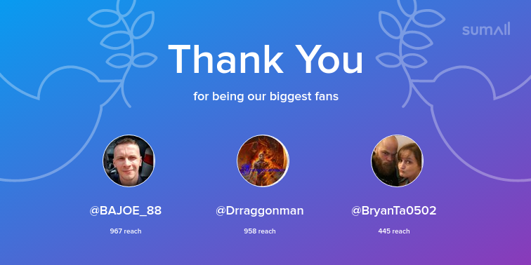 Our biggest fans this week: BAJOE_88, Drraggonman, BryanTa0502. Thank you! via sumall.com/thankyou?utm_s…
