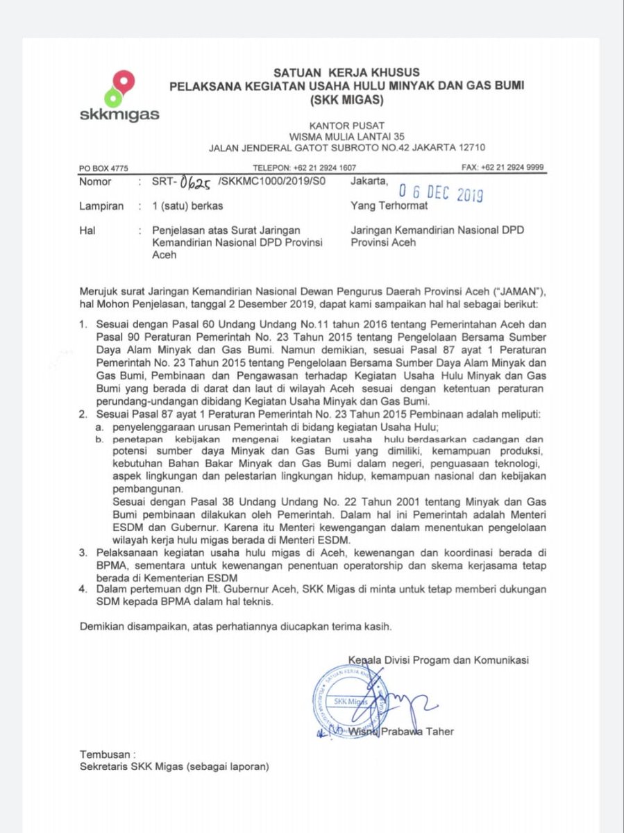 sinyaktafar's tweet photo. Bung @niriansyah @wiratmadinata98 nih saya kasih surat balasan dari @HumasSKKMigas yg isinya penjelasan pertemuan SKK dgn rombgn Plt Gubernur Aceh https://t.co/Q8m2iLDF8f
