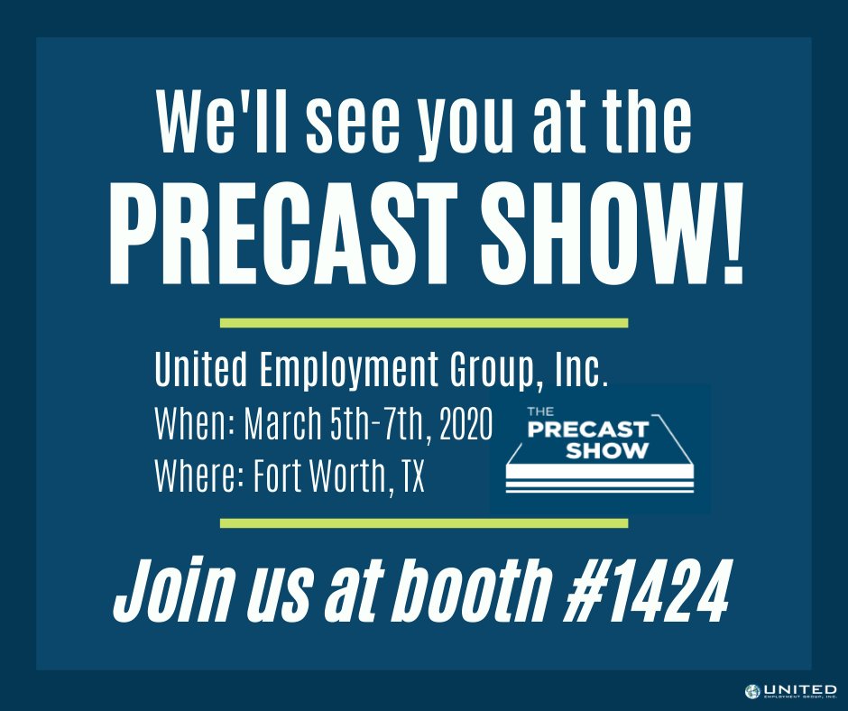 UEG_Jobs's tweet photo. We're attending the National Precast Concrete Association's Precast Show in Forth Worth, TX! Join our industry representatives at booth #1424 to discuss how United Employment Group can assist you and your company with your hiring needs. #PrecastShow2020 #ConcreteJobs https://t.co/0Vj5l8Mu2F
