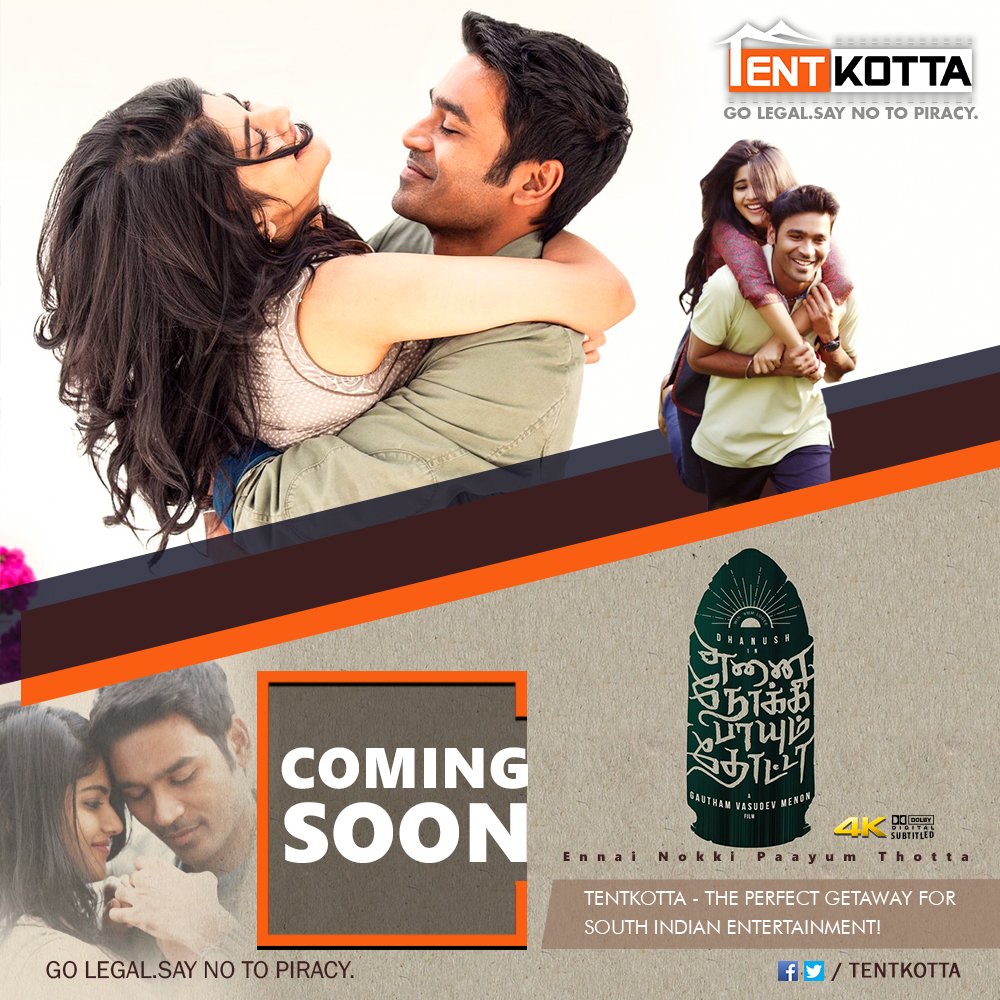 Coming soon on #Tentkotta: @menongautham's romantic drama #EnaiNokiPaayumThota starring @dhanushkraja and @akash_megha.