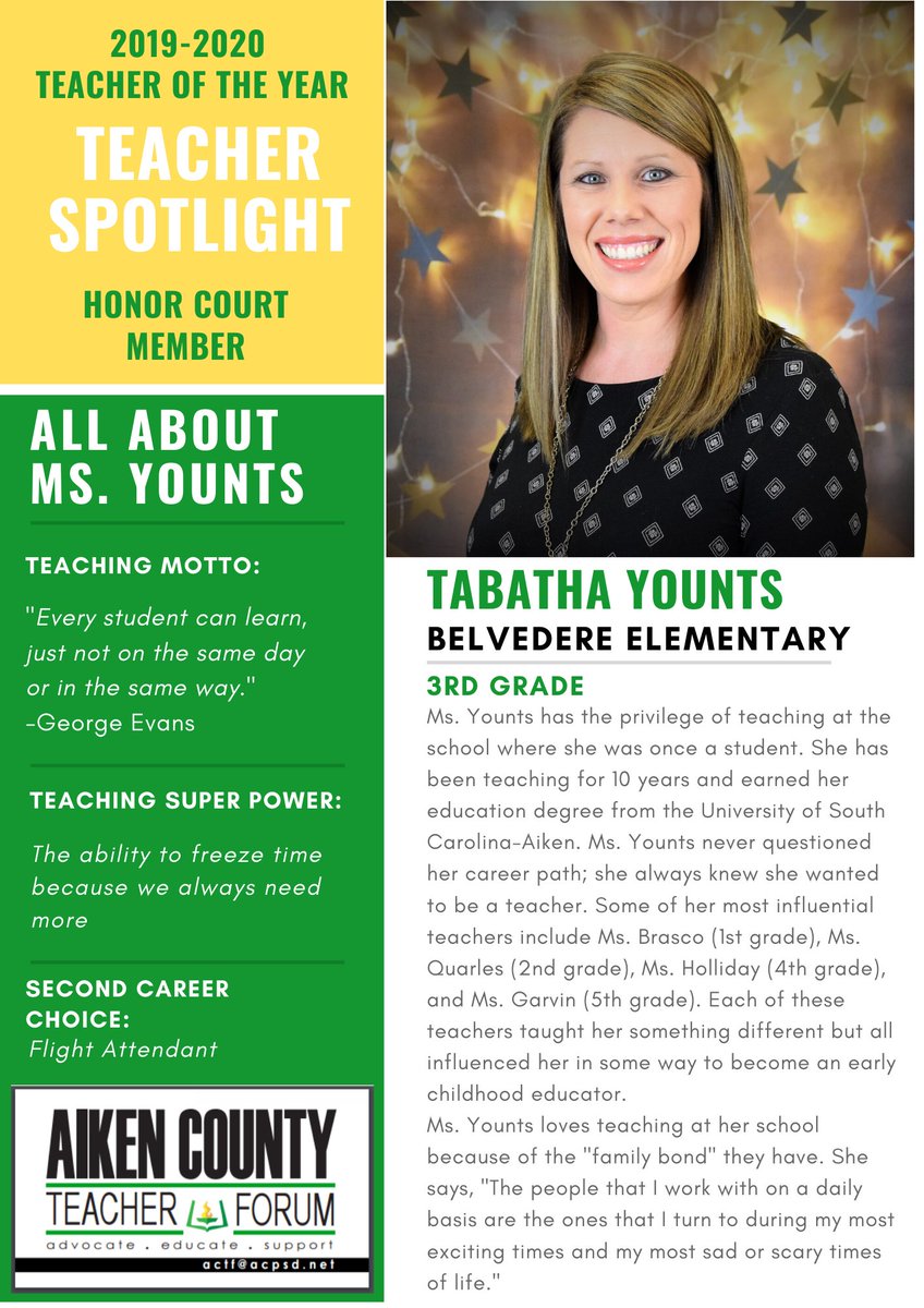 🔦 2019-2020 Teacher of the Year Teacher Spotlight:
Ms. <a href="/tkyounts/">Tabatha Younts</a> from <a href="/BelvedereElemSC/">Belvedere Elementary</a>  

#teacherleaders #ACTFsupports #ACTFadvocates #TOY