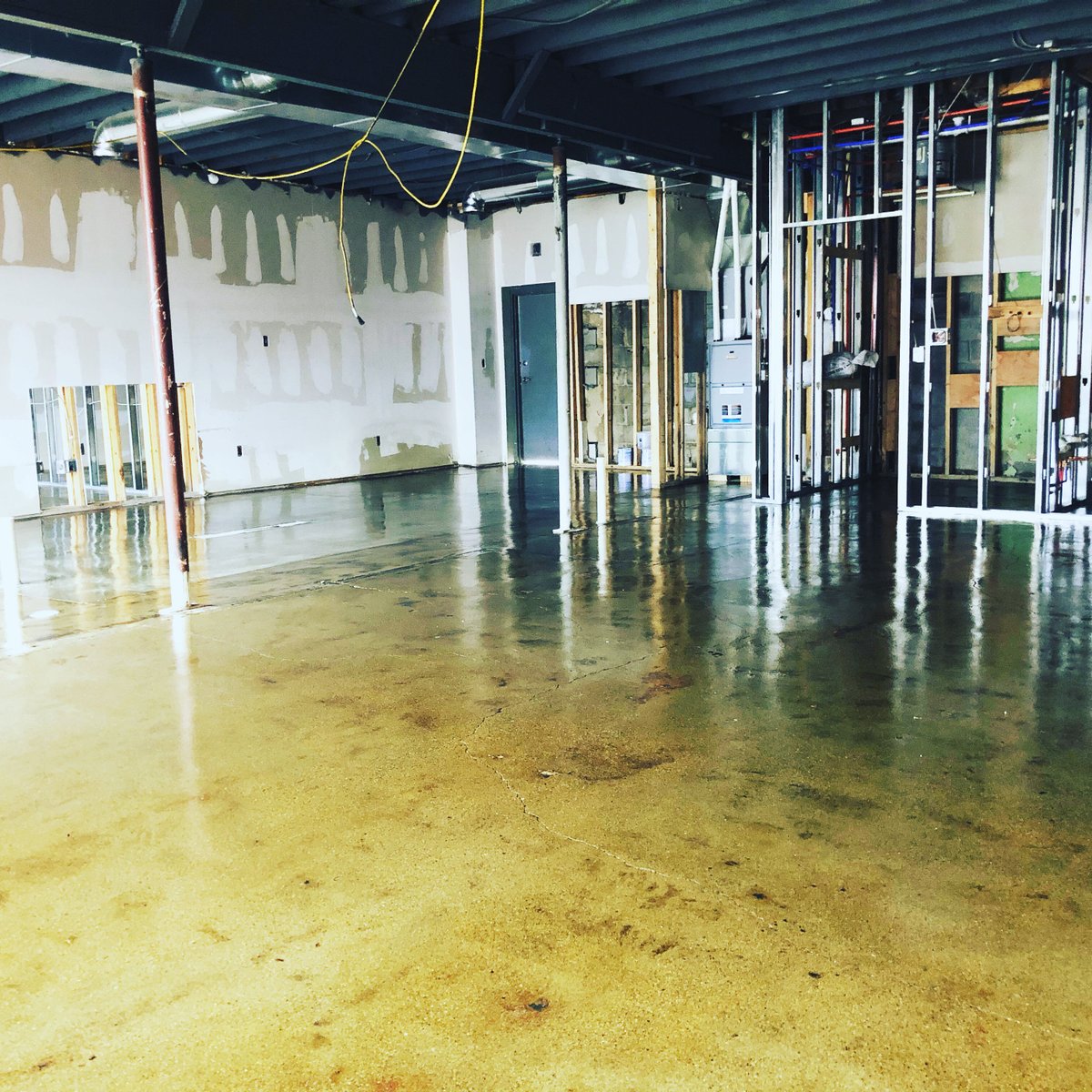 Floors getting a nice grind and seal treatment. Do you guys ever feel like you’re watching a turtle race? One day we will be open! #LOOM #craftbeer #indy #workfromhere #blackcircle #46th #sobro @goldleafindy <a href="/earlykind/">Roxy</a> LOOM