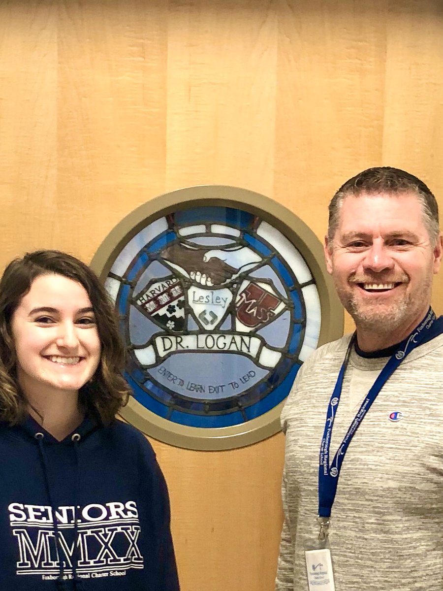 DrMarkLogan's tweet photo. A little teary-eyed when this talented @FoxboroughRCS student surprised me w/ this beautiful stained glass piece of work. She designed & completed it over the past year. It represents my commitment to our school, our community, and my own learning. #honored #Enter2LearnExit2Lead https://t.co/o9XoYWFoXJ
