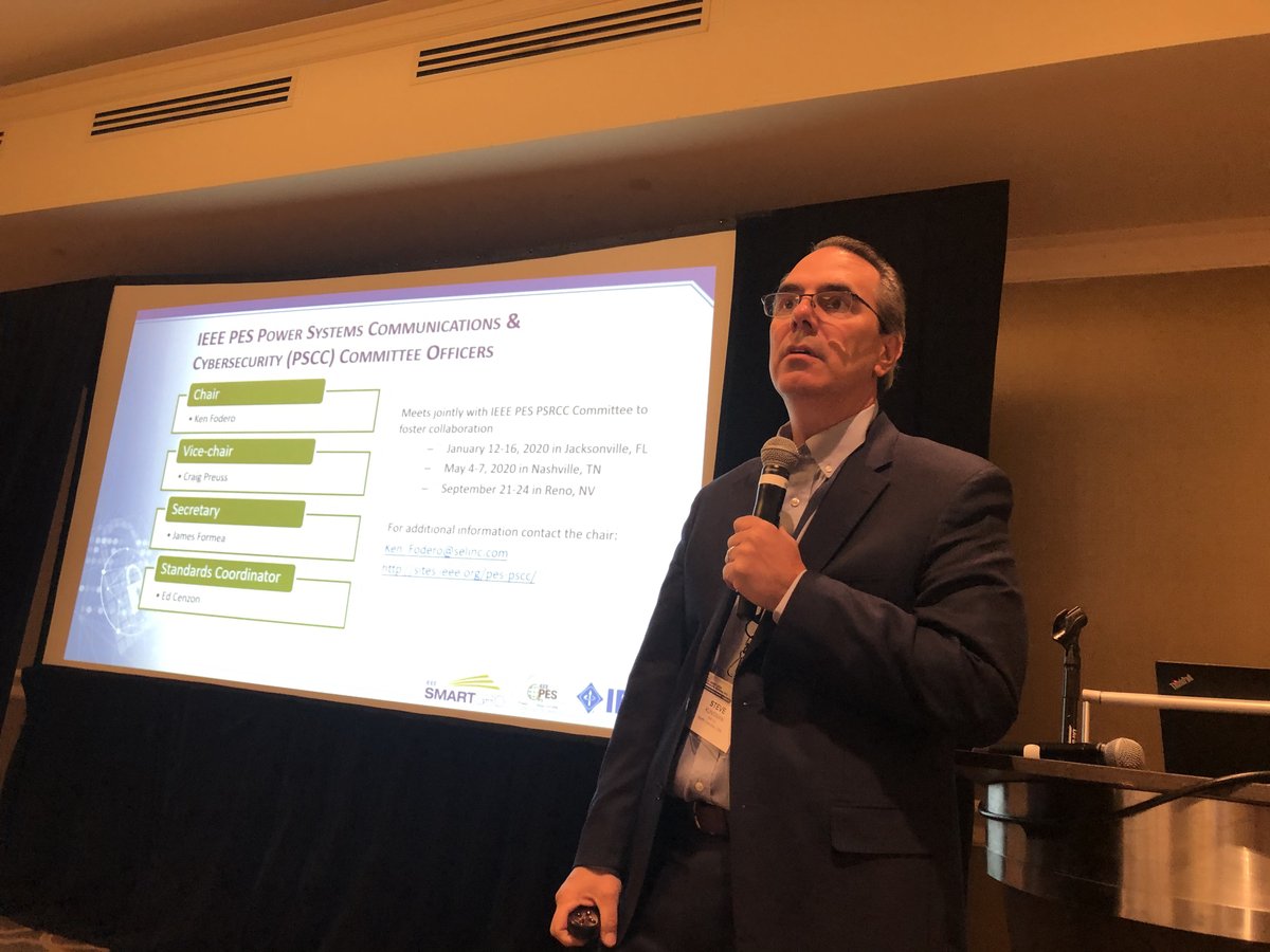 ieee_pes_pscc's tweet photo. Our very own Chair of the PSCCC Cybersecurity Subcommittee Steve Kunsman from ABB is presenting the latest IEEE technical power system cybersecurity standards and best practices at #SmartGridCyberCon. #powergrid #smartgrid #cybersecurity https://t.co/E0y1mxQ3vr
