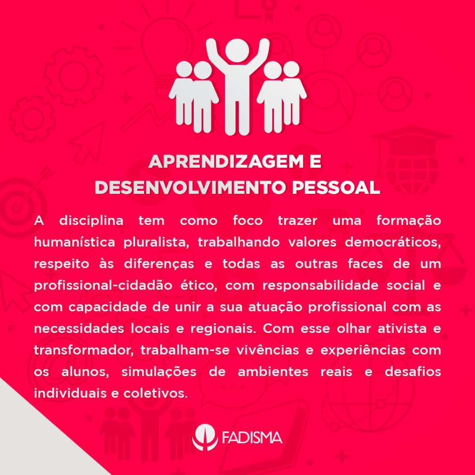 fadisma's tweet photo. Disciplinas Incríveis? Temos! Aprendizagem e Desenvolvimento Pessoal é mais uma que só a FADISMA oferece aos seus alunos.

#ingressoFADISMA #vivaatransformação https://t.co/ICU4O7cawj