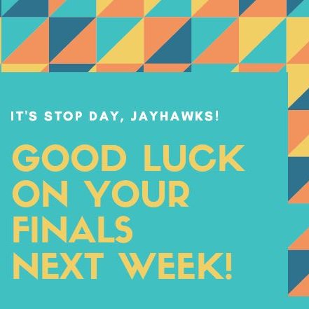 KUStuAffairs's tweet photo. #STOPday #Jayhawks #finalsweek #RockChalk #study #goodluck 🥳🛑💙📚 https://t.co/zVluWjx9cT