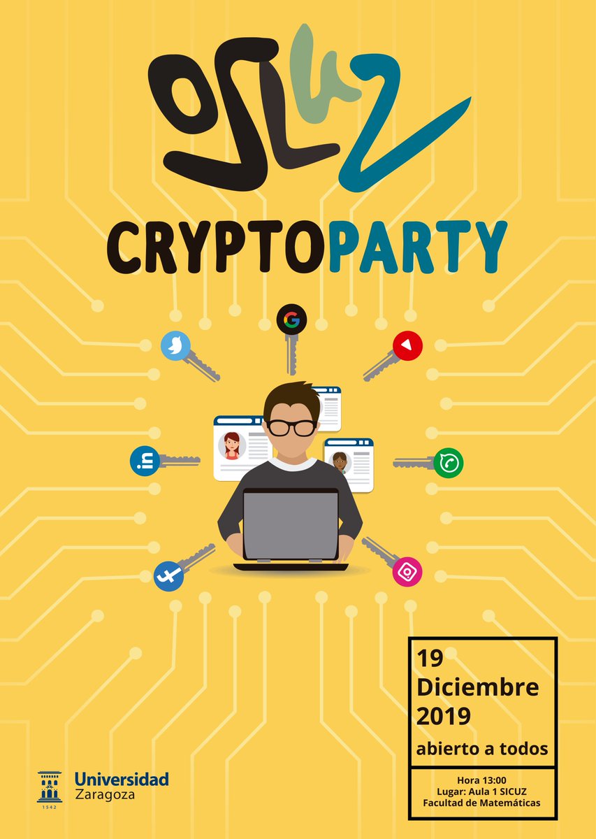 ¡Cryptoparty en OSLUZ! Aprende a defenderte del espionaje masivo de la era del Big Data a través de métodos sencillos.

El jueves 19 de diciembre te esperamos a las 13:00 en el aula 1 del SICUZ en la Facultad de Matemáticas.

osluz.unizar.es/content/crypto…