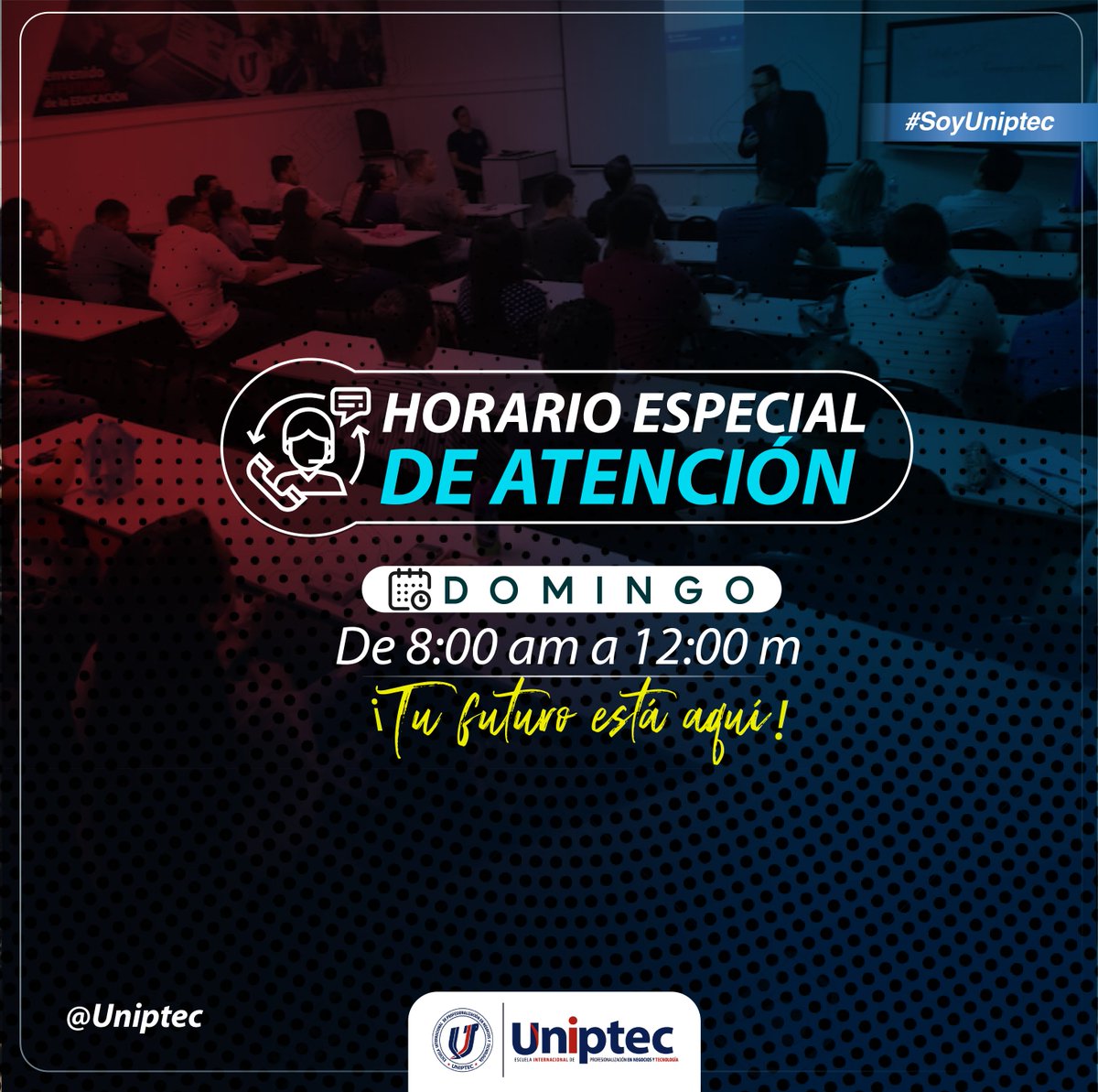 uniptec's tweet photo. Con un sistema LEARNING BY DOING (Aprendiendo Haciendo)con el que formamos talento humano para trabajar y progresar en corto tiempo.

Obtén mayor información este domingo en horario especial y prepárate para comenzar tu futuro profesional junto a UNIPTEC.
#educaciónsv #SoyUniptec https://t.co/akmEyMWAgy