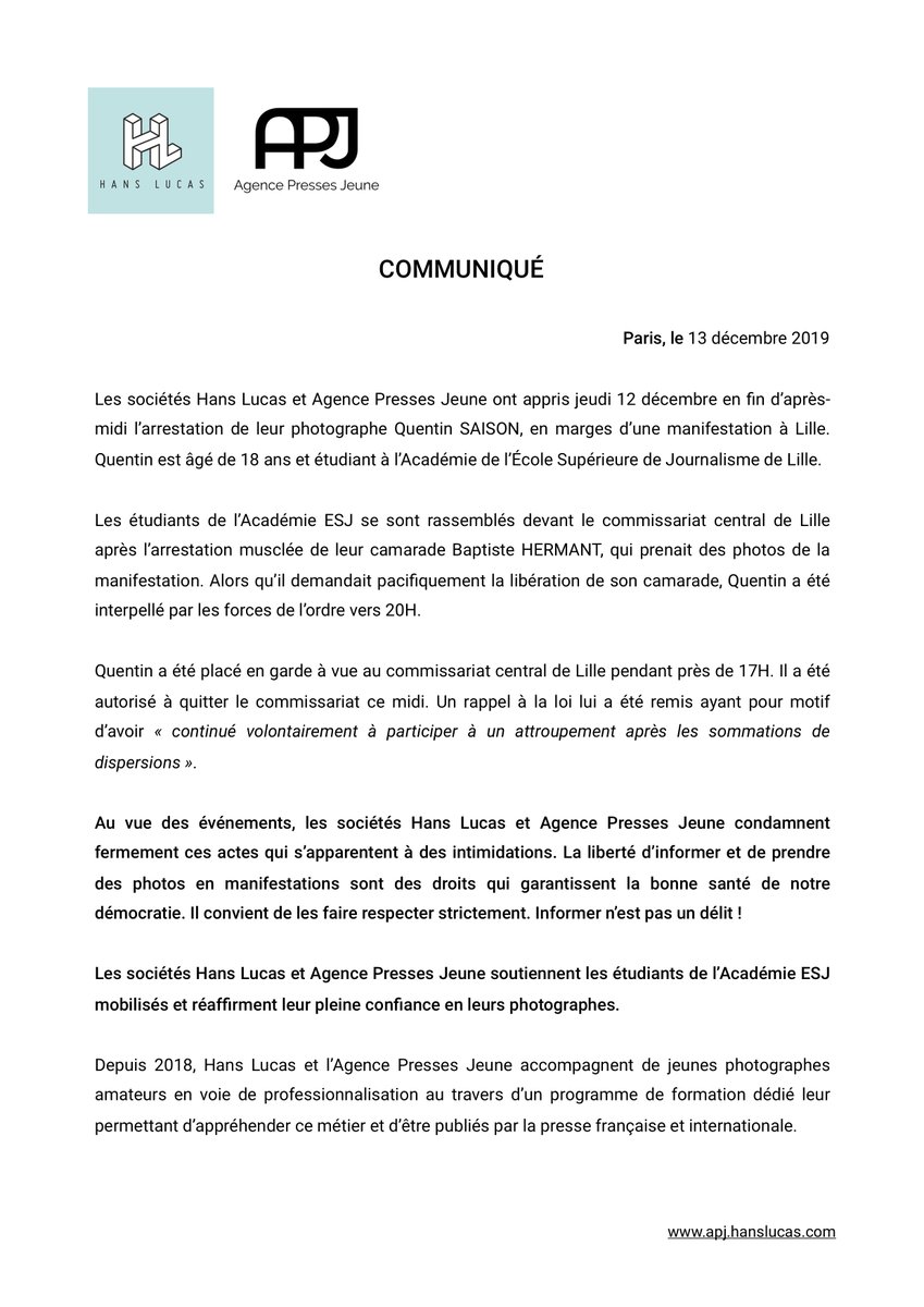 APressesJeune's tweet photo. [COMMUNIQUÉ] - Suite à la mise en garde à vue de notre photographe @websaison en marges des manifestations de Lille. Communiqué commun APJ et @StudioHansLucas. #Informernestpasundelit https://t.co/iug80HCZhv