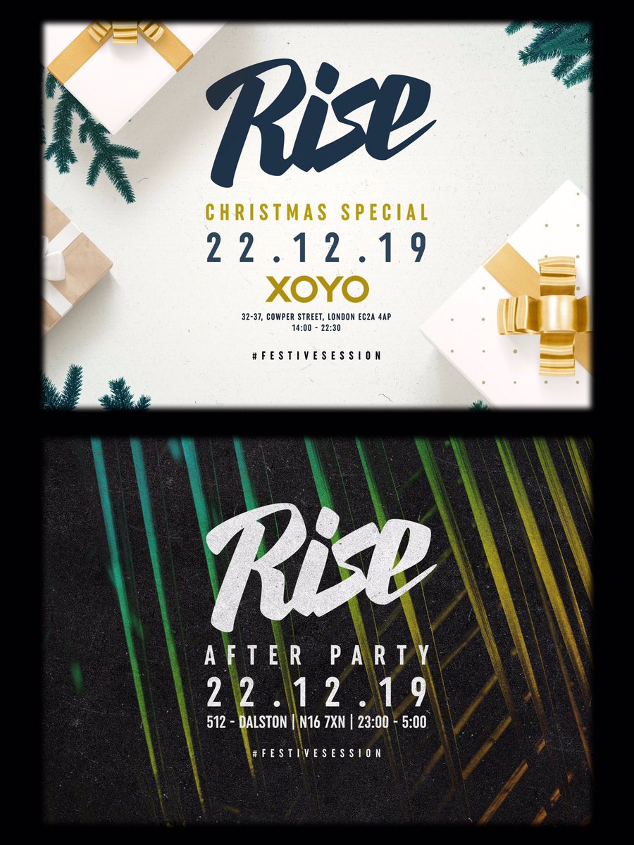 Rise 15 Hour Christmas Special!!
Sun 22nd Dec | 2pm - 5am.
@ XOYO &amp; 512 🎄

bit.ly/RiseChristmasS…

bit.ly/RiseAfterParty…

Come Celebrate The Festive Season!

#XOYO #Shoreditch #AfterParty