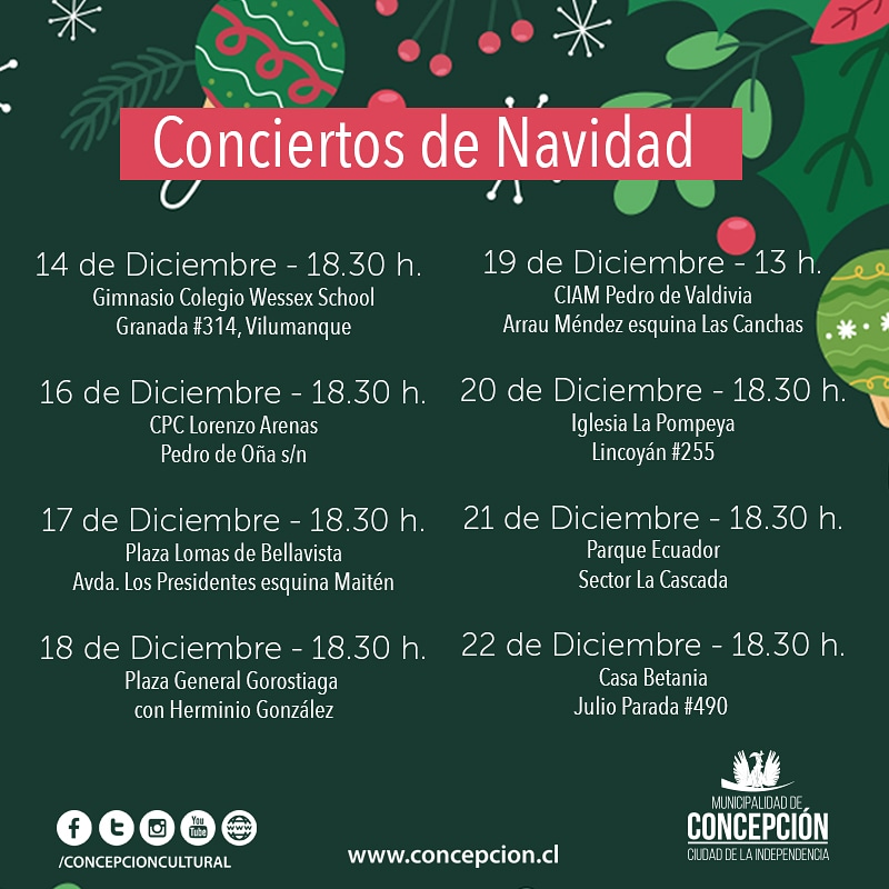 concecultural's tweet photo. Te invitamos a conocer el programa  de conciertos navideños 🎅! 
Del 14 al 22 de diciembre se presentan en diferentes puntos de la ciudad, que estarán a cargo de la Big Band Jazz, Orquesta de Cámara Ciudadana, el Centro Artístico Cultural y la Orquesta Infantil de Barrio Norte. https://t.co/E75BDdattD