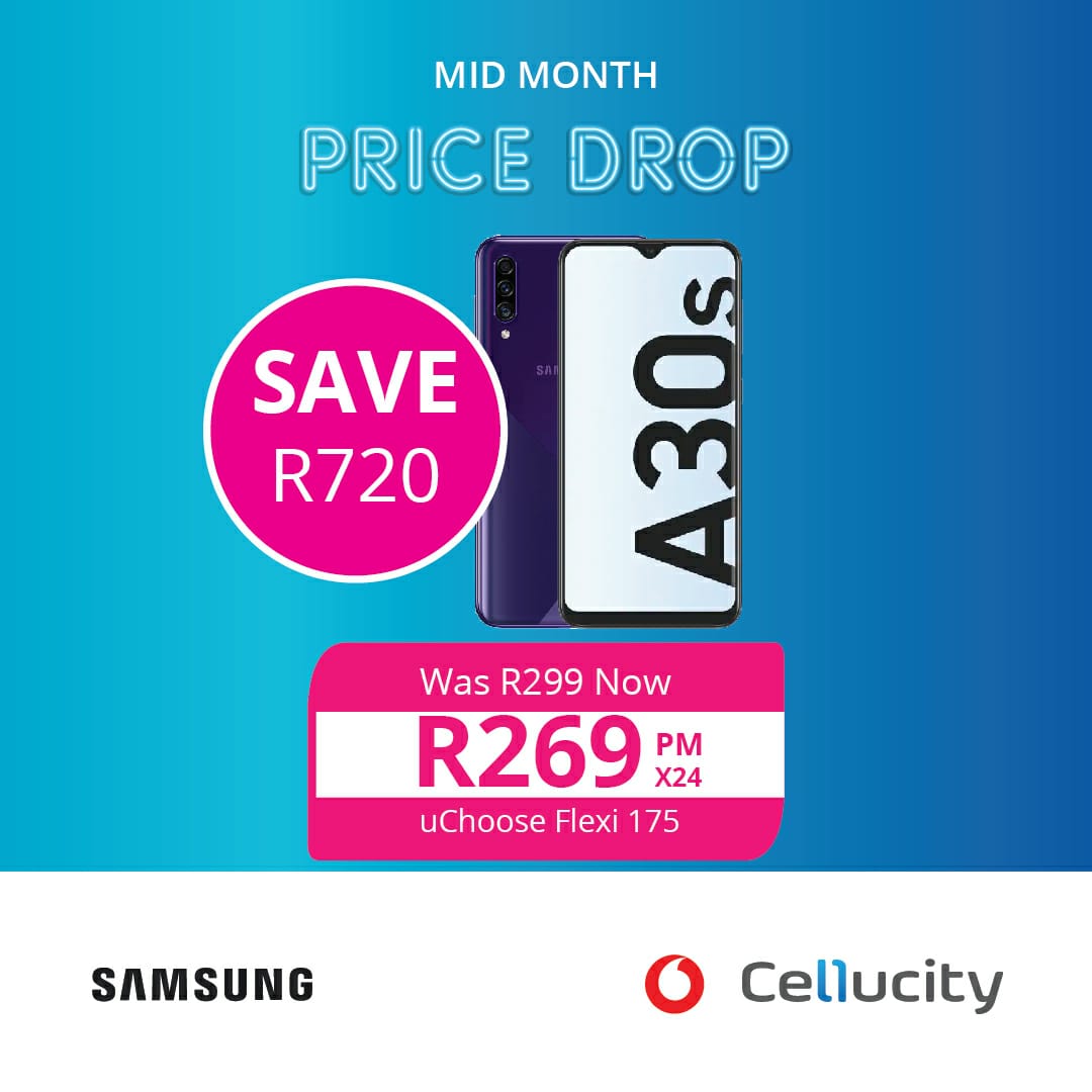 Samsung A30S is the absolutely the best value for money phone with awesome specification!  Now on Special. 6.4" screen, 128GB memory, 4GB Ram, massive 4000MAH battery, triple cam, ultra wide lens, fingerprint reader under screen display. 15watt type C fast charging <a href="/Cellucity/">Cellucity</a>