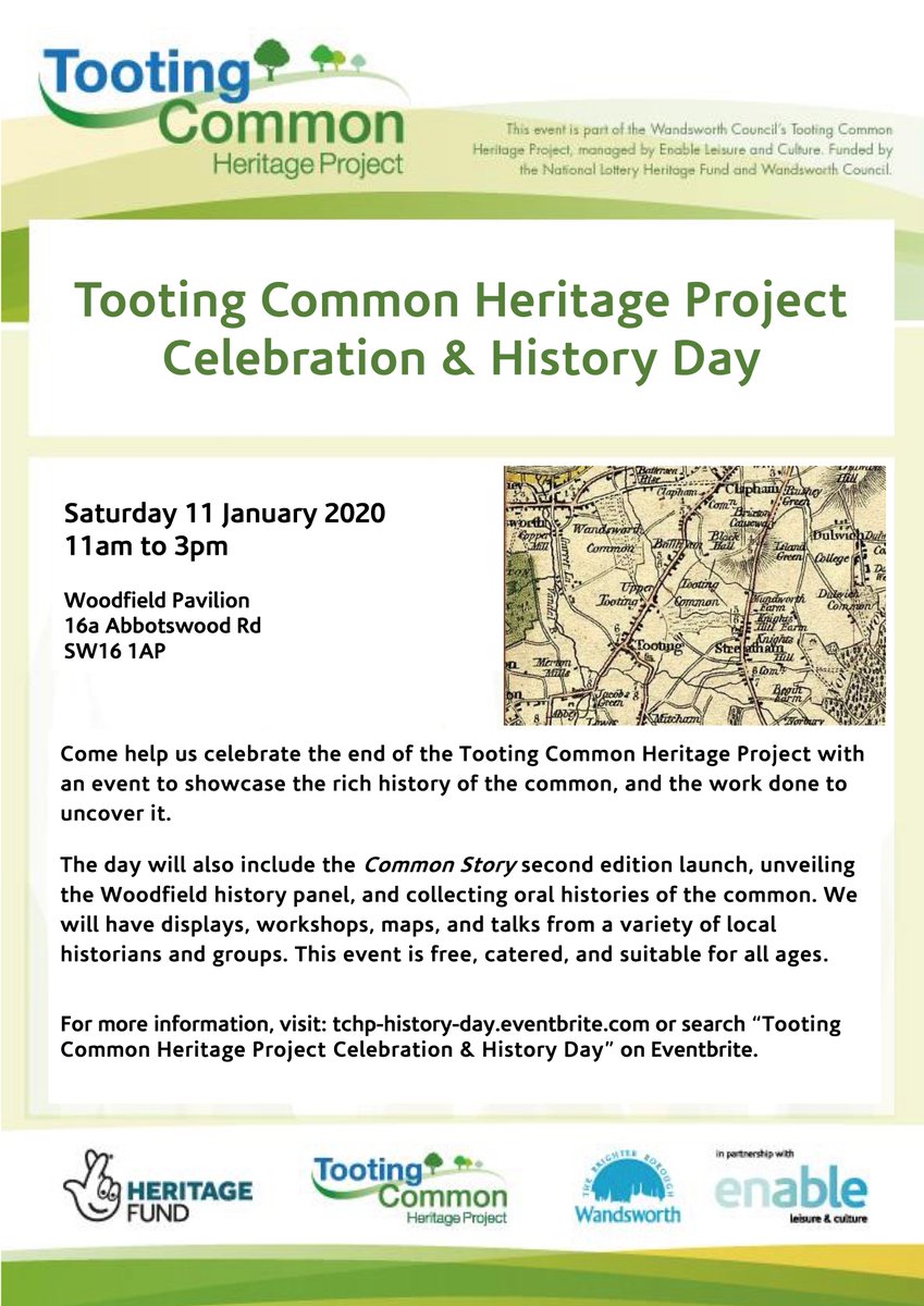 Tooting CHP (@tootingchp) on Twitter photo Our celebration & #history day is on January 11th (11-3, @WoodfieldRec). We'll have talks, stalls, food, art & more! All free, for all ages, more info here: tchp-history-day.eventbrite.com
@TootingCommon <a href="/EnableParks/">Enable Parks Wandsworth</a> <a href="/enableLC/">Enable Community</a> <a href="/HeritageFundL_S/">The National Lottery Heritage Fund London & South</a> <a href="/tootingnewsie/">Tooting Newsie</a> <a href="/balhamnewsie/">Balham Newsie</a> @telfertweets Our celebration & #history day is on January 11th (11-3, @WoodfieldRec). We'll have talks, stalls, food, art & more! All free, for all ages, more info here: tchp-history-day.eventbrite.com
@TootingCommon <a href="/EnableParks/">Enable Parks Wandsworth</a> <a href="/enableLC/">Enable Community</a> <a href="/HeritageFundL_S/">The National Lottery Heritage Fund London & South</a> <a href="/tootingnewsie/">Tooting Newsie</a> <a href="/balhamnewsie/">Balham Newsie</a> @telfertweets