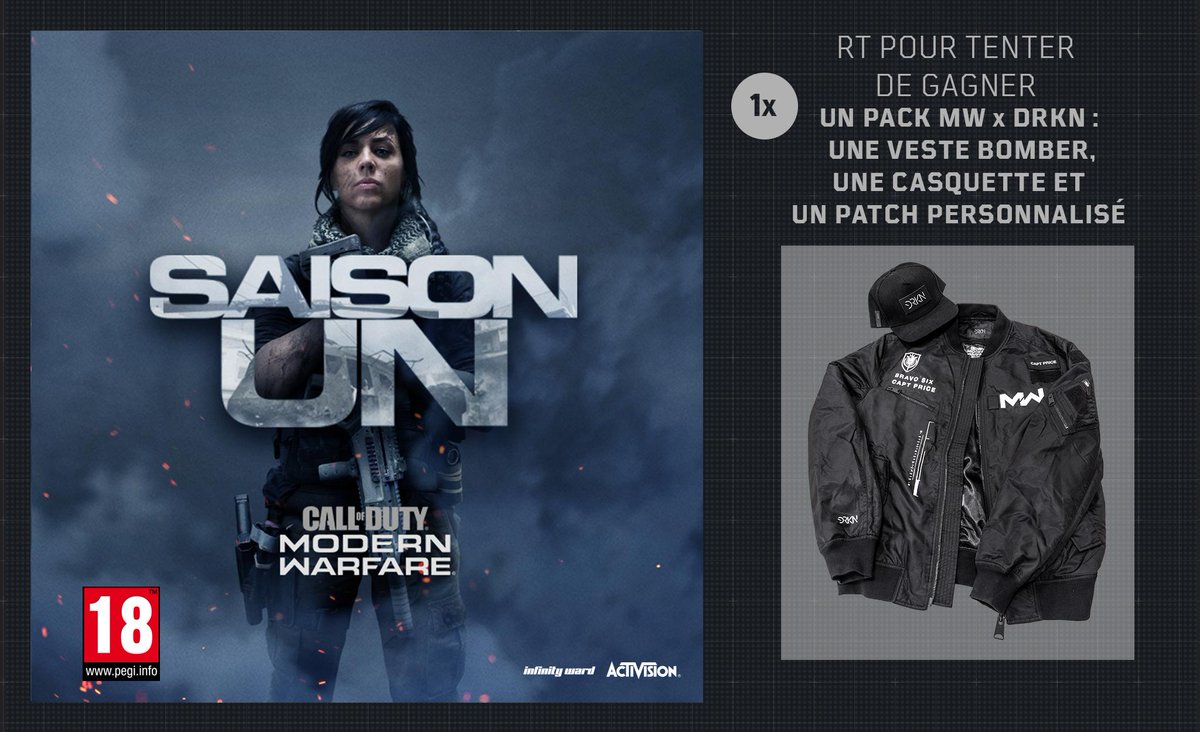 CallofDutyFR's tweet photo. Pour célébrer le lancement de la Saison Un de #ModernWarfare, nous nous sommes associés à @DRKN_OFFICIAL pour vous offrir un lot exclusif !

RT pour tenter de gagner :

• Une veste DRKN
• Une casquette DRKN
• Un patch personnalisé

📅 Tirage au sort le 16/12. https://t.co/gRG90JPuop