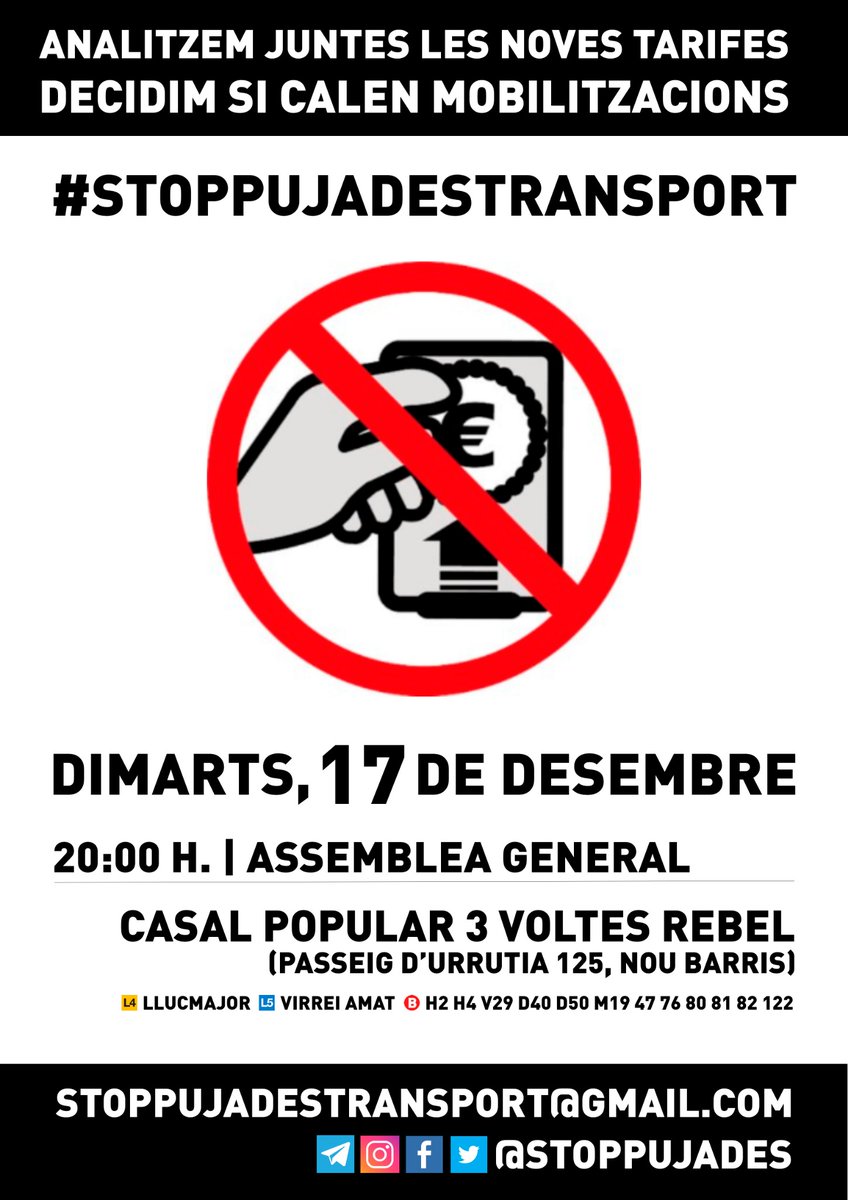Ens veiem a l' Assemblea General d' <a href="/StopPujades/">Plataforma #StopPujadesTransport</a> dimarts 17 de desembre a les 20h al <a href="/CP3VoltesRebel/">CP 3 Voltes Rebel</a>
#StopPujadesTransport