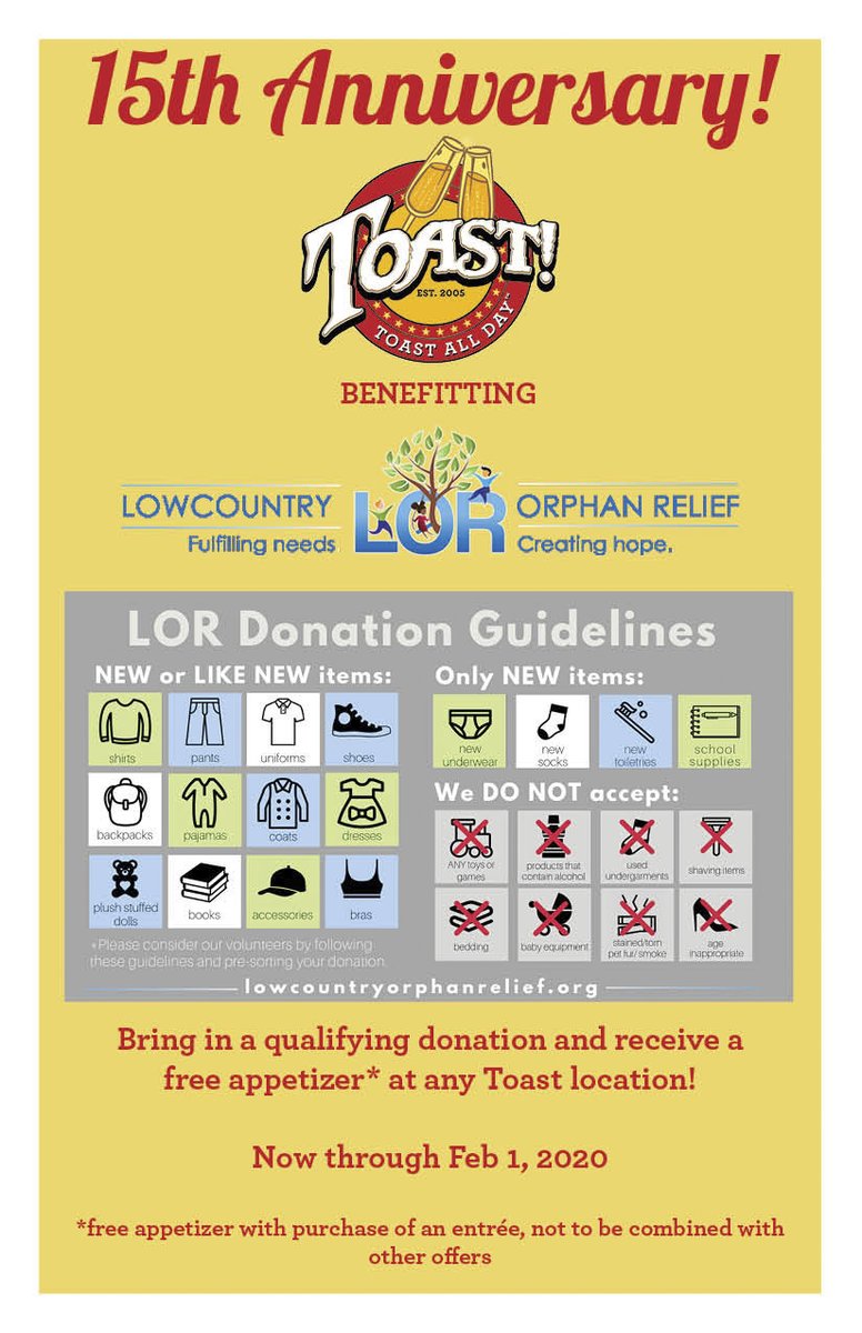 ToastCharleston's tweet photo. 15th Anniversary Celebration benefitting Lowcountry Orphan Relief. Donations being accepted at all 4 locations.
@HolyCitySinner
@EaterCHS @ChasCityPaper @Live5News @ABCNews4 @WCBD https://t.co/Et7GAVWTXK