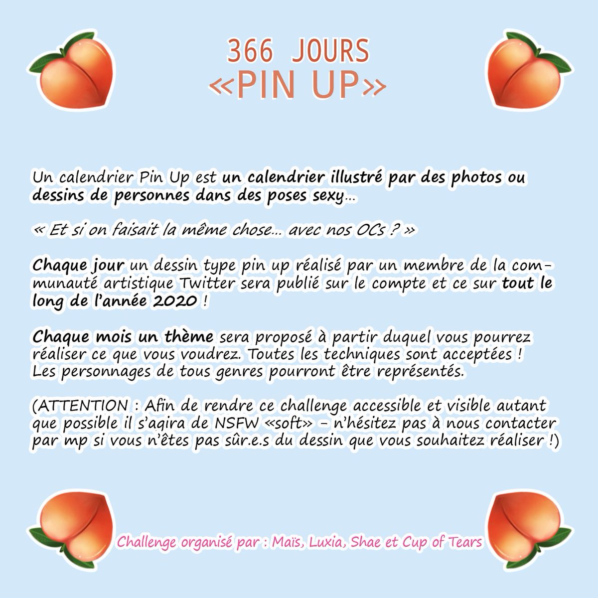 366joursPinUp's tweet photo. Bienvenue sur le challenge 366 jours de Pin-Up édition 2020 !

Vous trouverez ici toutes les informations sur l'objectif de ce défi et comment participer. N'hésitez pas à suivre le challenge pour découvrir de nouveaux artistes !

Liste des inscrits :
https://t.co/P8dbkb4Qtg https://t.co/YYB0xudOt0
