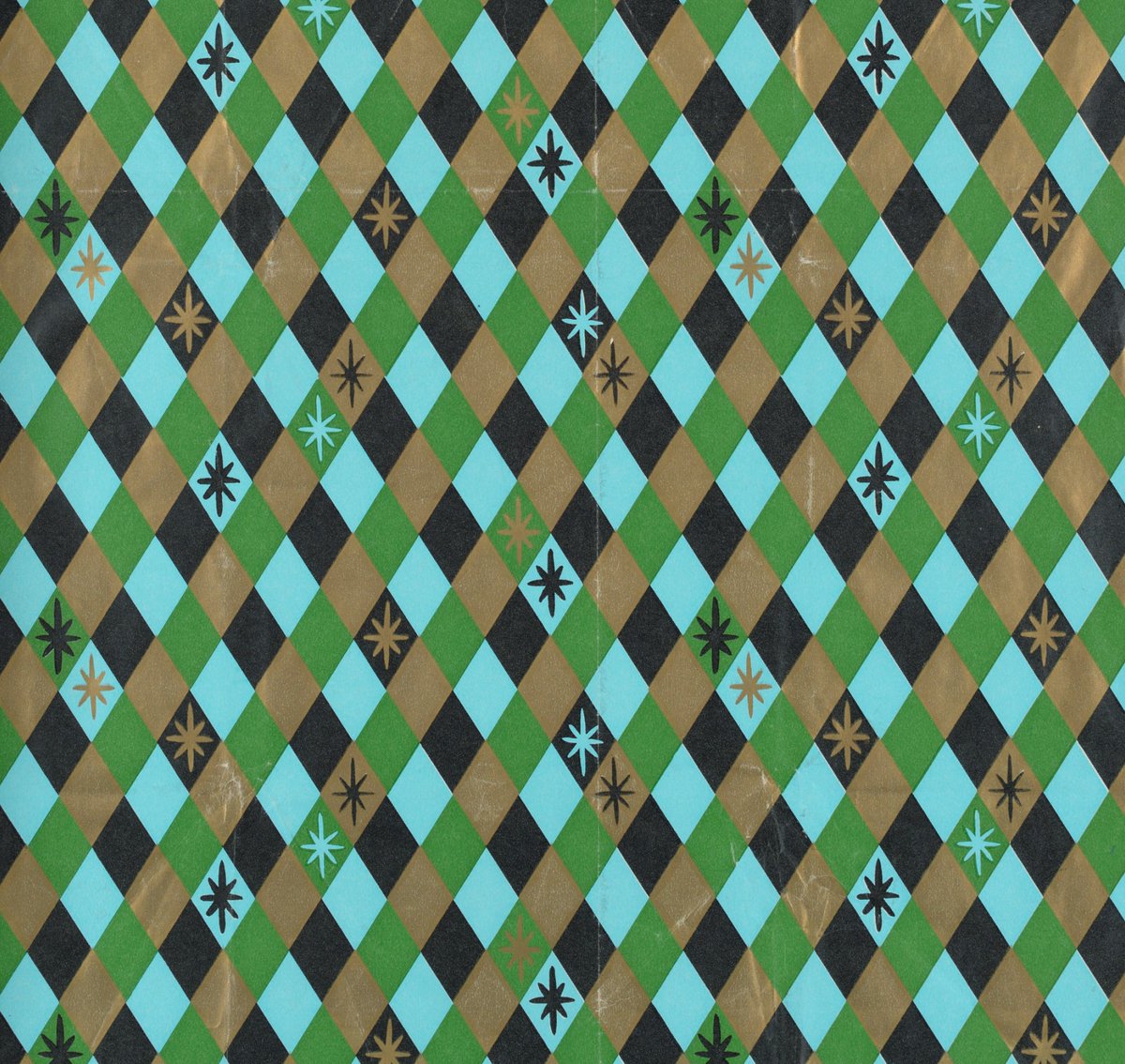 Print with repeating pattern of green, blue, gold and black diamonds. Some have a star shape inside them.