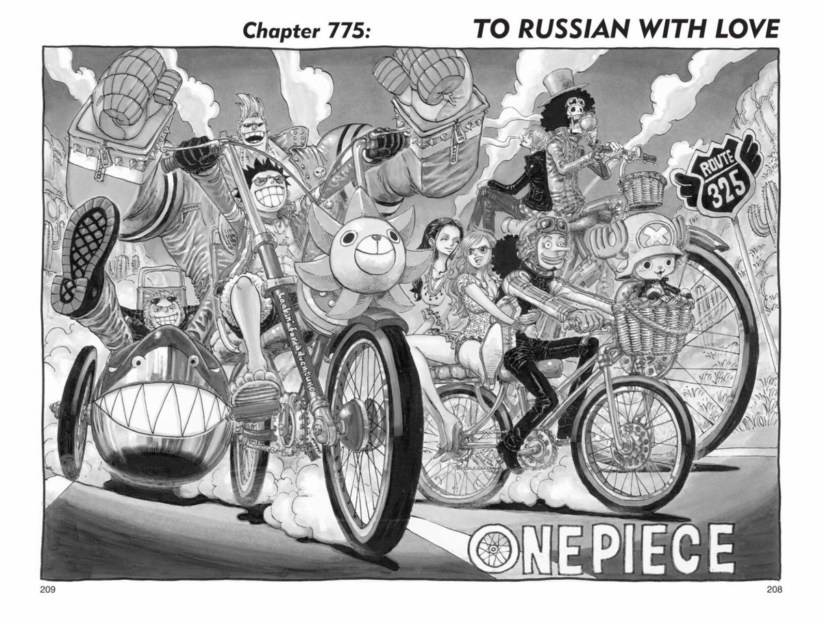 EXCUSEMENot only do we get a wholesome group shot of every Straw Hat smiling - even their BIKES are smiling - but Robin and Nami are just... beaming? Absolutely exuding carefree boundless joy? They are on their way to do crimes together and I am so happy for them.  #OPGrant