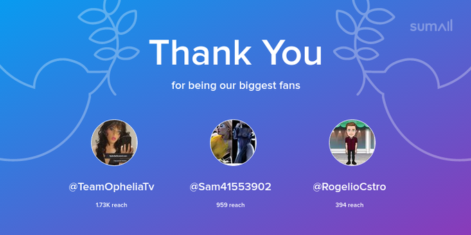 Our biggest fans this week: TeamOpheliaTv, Sam41553902, RogelioCstro. Thank you! via https://t.co/Ic1sEYJmO8