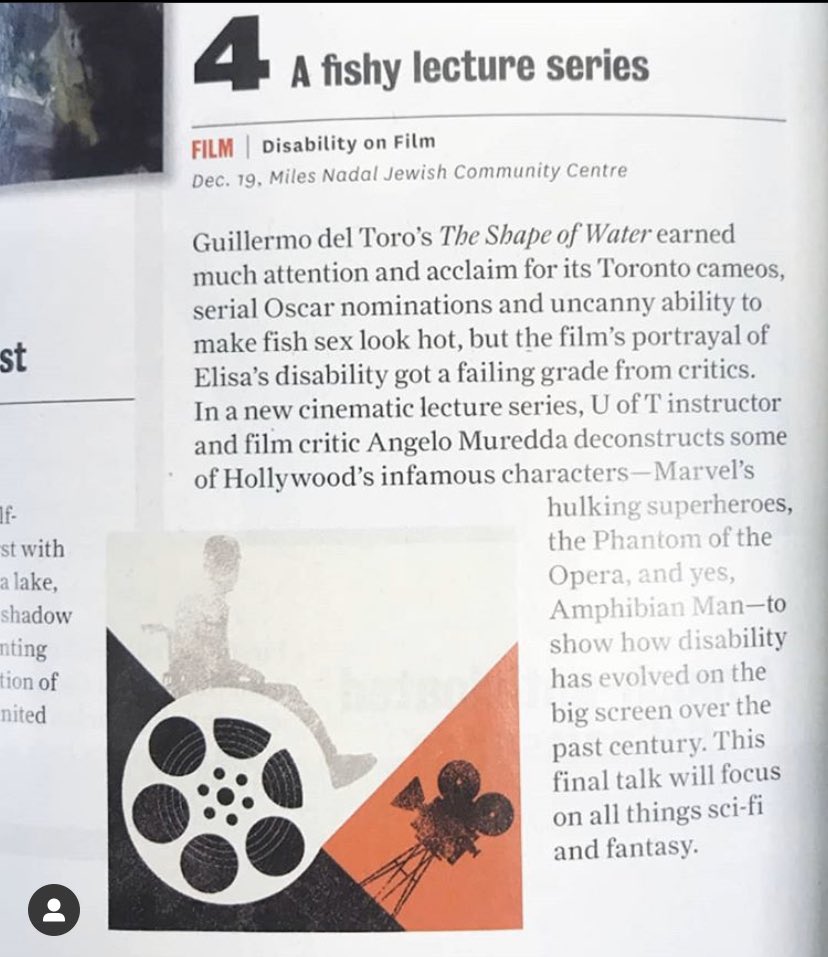 Thank you Toronto Life for this curious 🧐 but welcome plug for my “Disability on Film” series, which returns next Thursday with a talk on the fishiest subject of all: disability in science fiction and fantasy!