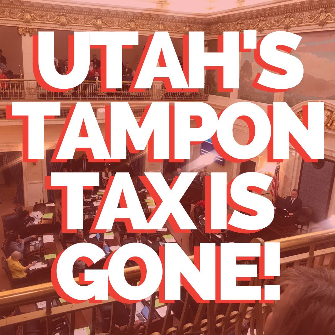 UTAH’s #TAMPONTAX is GONE! Down to 32 states left 👏 this has been an incredible effort led by our #NationalPeriodDay Utah organizers — @thepolicyproject @emilybellmccormick 💕