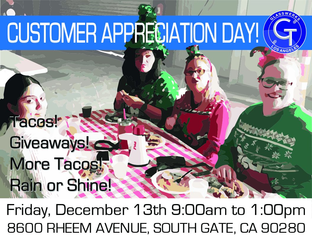 Don't forget to stop by Glasswerks LA's Rheem Avenue location for Customer Appreciation Day Friday, December 13th from 9am to 1pm! Tacos and beanies for everyone! #customerappreciationday #glassfabrication #heavyglass