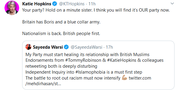's tweet image. What will it take for Twitter to clamp down on accounts like that of Katie Hopkins that continuously breach hateful conduct policies? Shocking. Unacceptable.