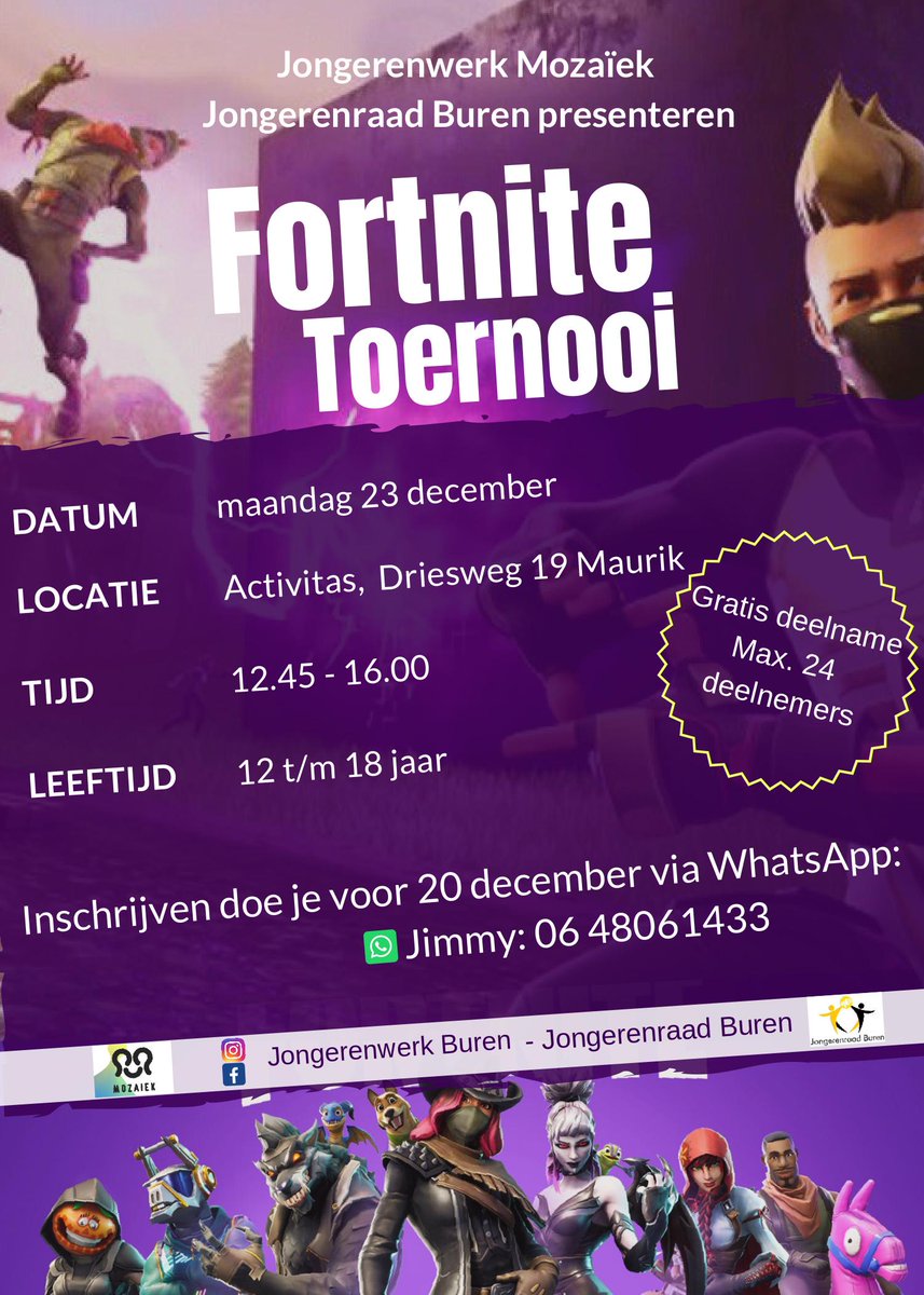 #Jongerenwerk #Mozaïek en #Jongerenraad #Buren organiseren in samenwerking met andere jongeren leuke activiteiten in de kerstvakantie!

Op 23 december van 12.45 tot 16.00 uur organiseren zij een #Fortnite #toernooi voor jongeren tussen de 12 en 18 jaar.  Meld je aan!👋