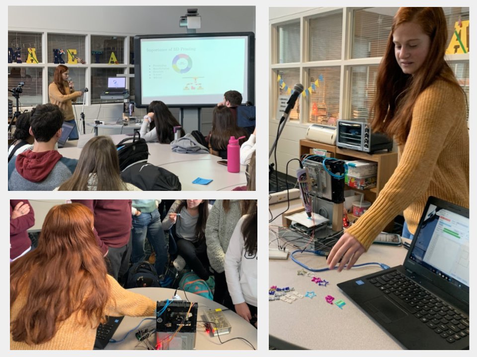 OLHShelp's tweet photo. Great presentation in the @OceanLakesHS makerspace! Inspiring to learn how Anna Lisner made her own 3D printer! Want to learn to use the 3D printer? Come to the makerspace in the @OLHSlibrary!  #vbits https://t.co/Wv6jxnpT9X