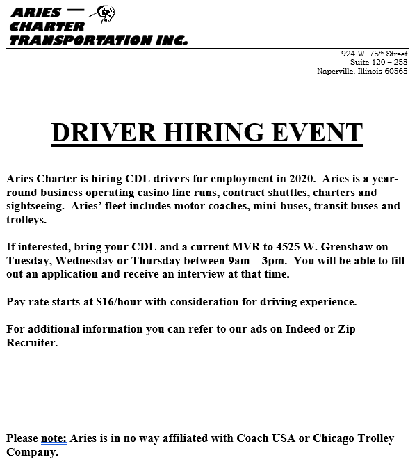 GLChicago's tweet photo. We are Hiring! Call 773-826-200 if interested in applying! @Aries_Charter #Hiring https://t.co/KXW8dd1yoX