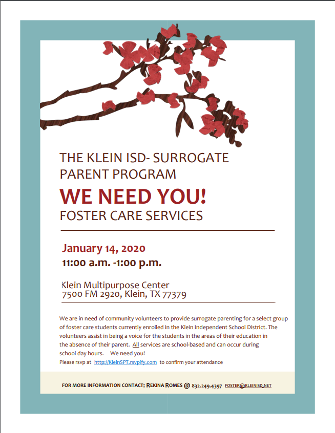 Start the new year with a #volunteer opportunity that changes the lives of a select group of students in #fostercare. Join us for an information and training session for the #educational surrogate #parent program! #RSVP for January 14th  eventbrite.com/e/klein-isd-su…