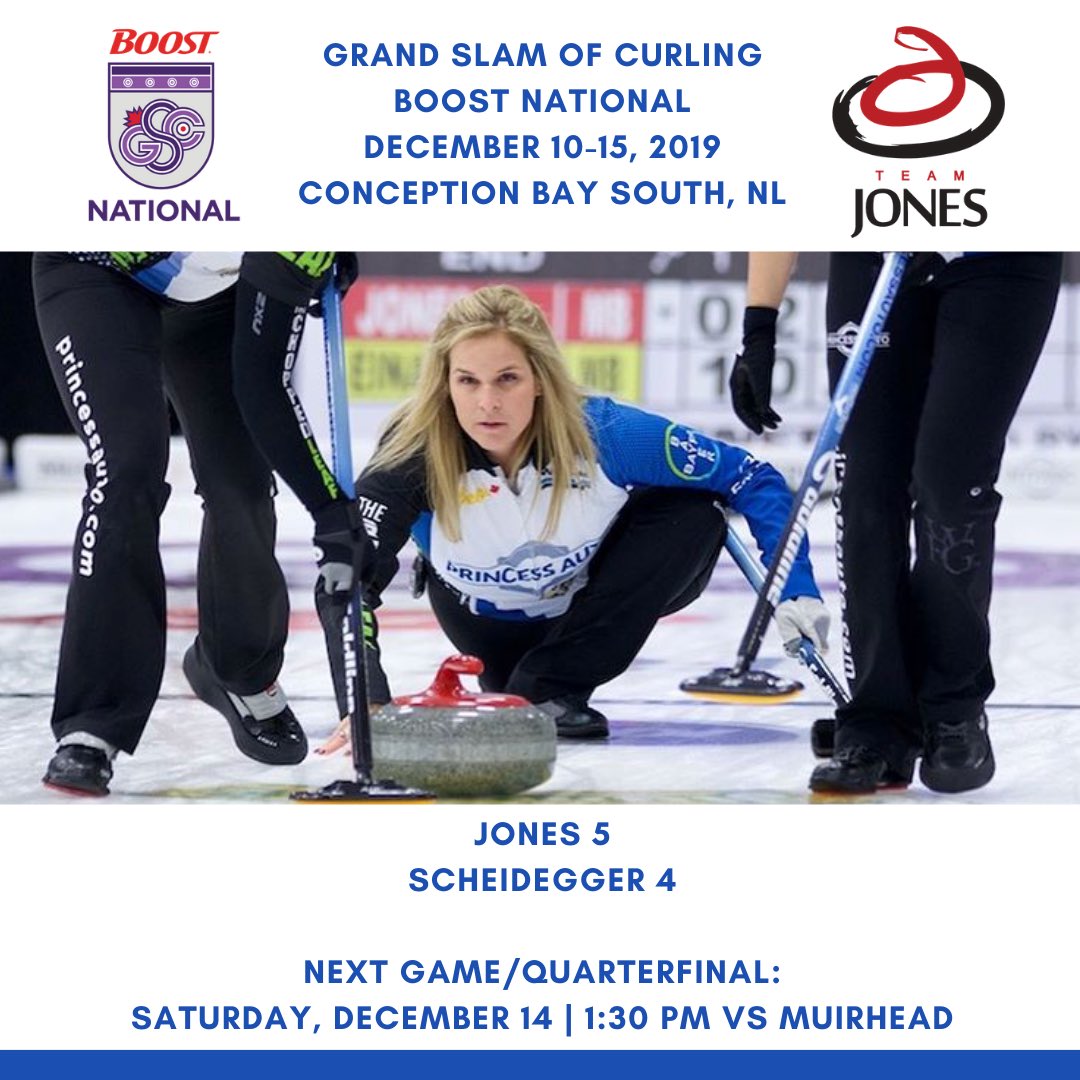 TeamJJonesCurl's tweet photo. We are through to the playoffs with our win over Casey Scheidegger! We’re in the quarterfinal Saturday at 1:30 p.m. AT against @Team_Muirhead! Tune into @sportsnet for updates! 🎉🎉⁣
⁣
#TeamJenniferJones #GSOCNational #GSOC #Curling https://t.co/tHvrGw0KkS