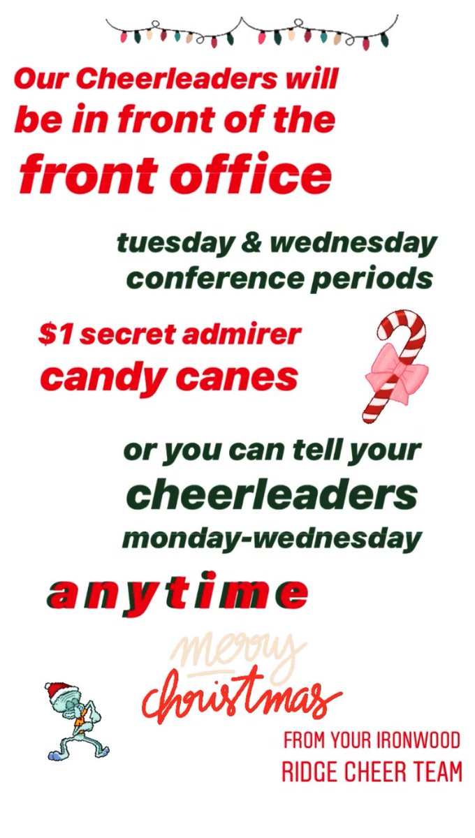 support your ironwood ridge cheerleaders during finals week while also giving a secret admiration to the special people in your life! ❤️💚🎄