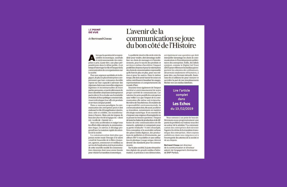 "Soucions-nous également de l'impact sociétal et environnemental de notre propre activité de communicant et basculons plus vite de la logique du "client roi" à celle de "l'avenir roi". Un excellent article MANIFESTE signé <a href="/BertrandCizeau/">Bertrand Cizeau</a> à lire dans <a href="/LesEchos/">Les Echos</a> d'aujourd'hui.