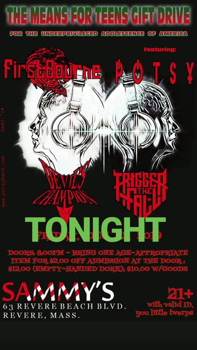 potsyband's tweet photo. What are your plans for Jason Voorhees day? Potsy sends off 2019 tonight!
#Potsy #Potsyband #LiveMusic #UnsignedArtist #Unsigned #Revere #JasonVoorhees #MeansForTeens #ToyDrive #SammysPatio #Boston #Toolband #Metal #MakeRockDangerousAgain #NothingIsCool https://t.co/MO9QtSPcUa
