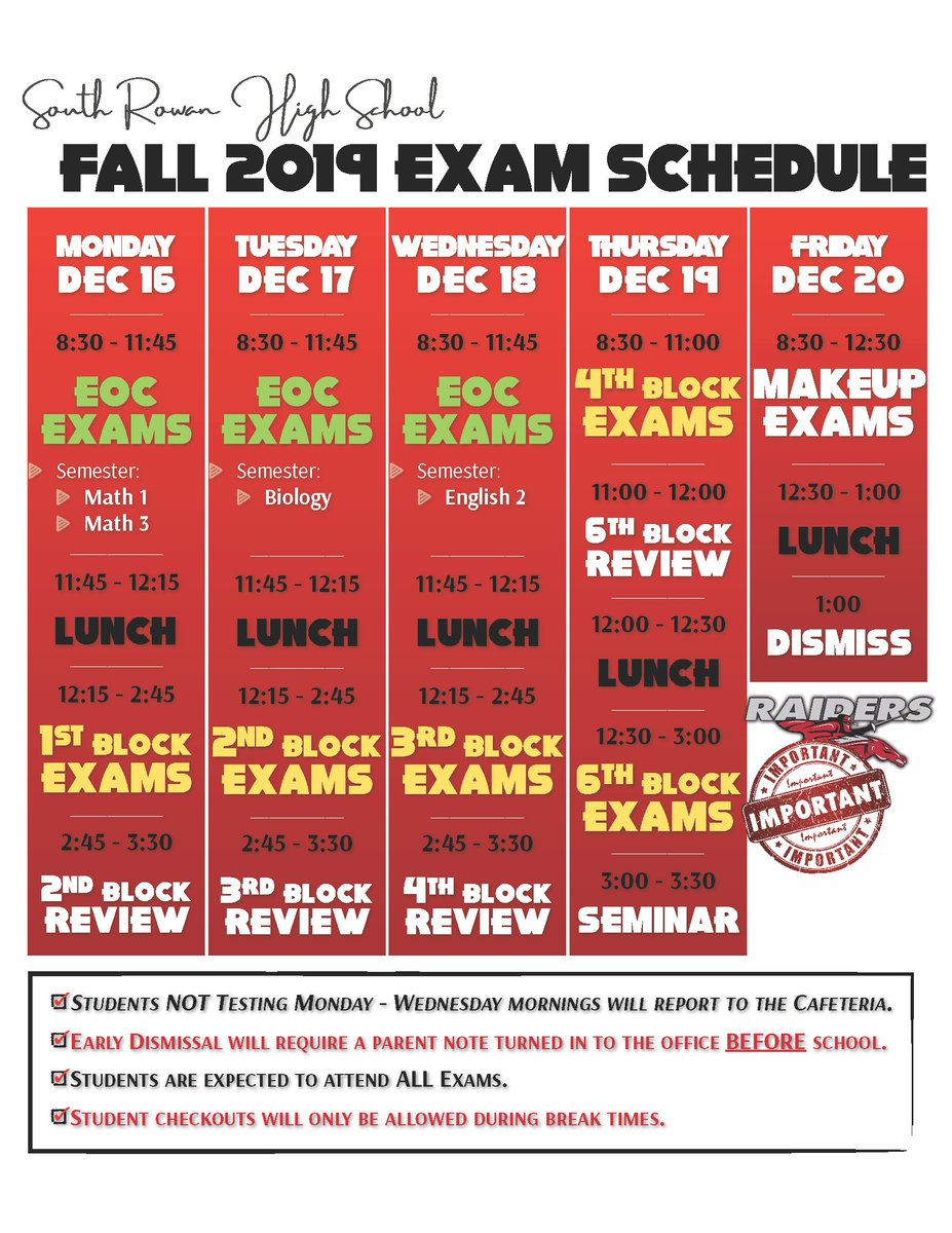 RebeccaRGlenn's tweet image. Exams are right around the corner... check out the SRHS exam schedule. #finishstrong #srhs1920 @KellyWWithers @farmersrhs @AmyWiseSRHS